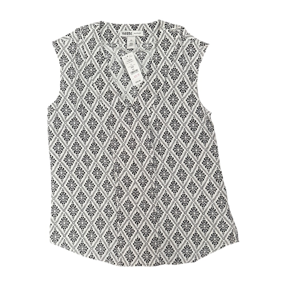 WHBM Outlet Sleeveless Button Down Blouse Diamond Print Black White Women XS NWT